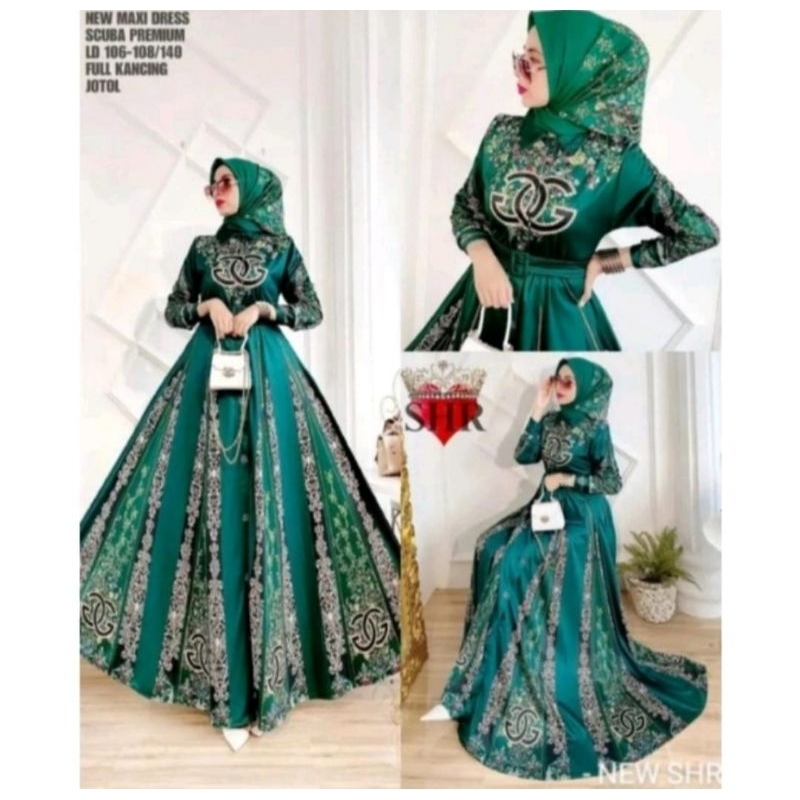 SHR MAXI DRESS SCUBA IJO BOTOL FLOWER PRINTING PREMIUM FULL KANCING BY SYAHIRA ORIGINAL