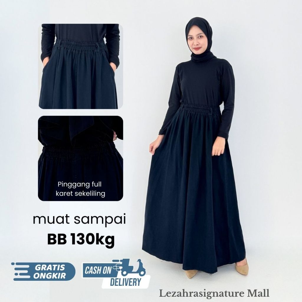 Rok Jeans Panjang Hitam Wanita Lebar Pinggang Elastis Jumbo Lezahrasignature Skirt Tania