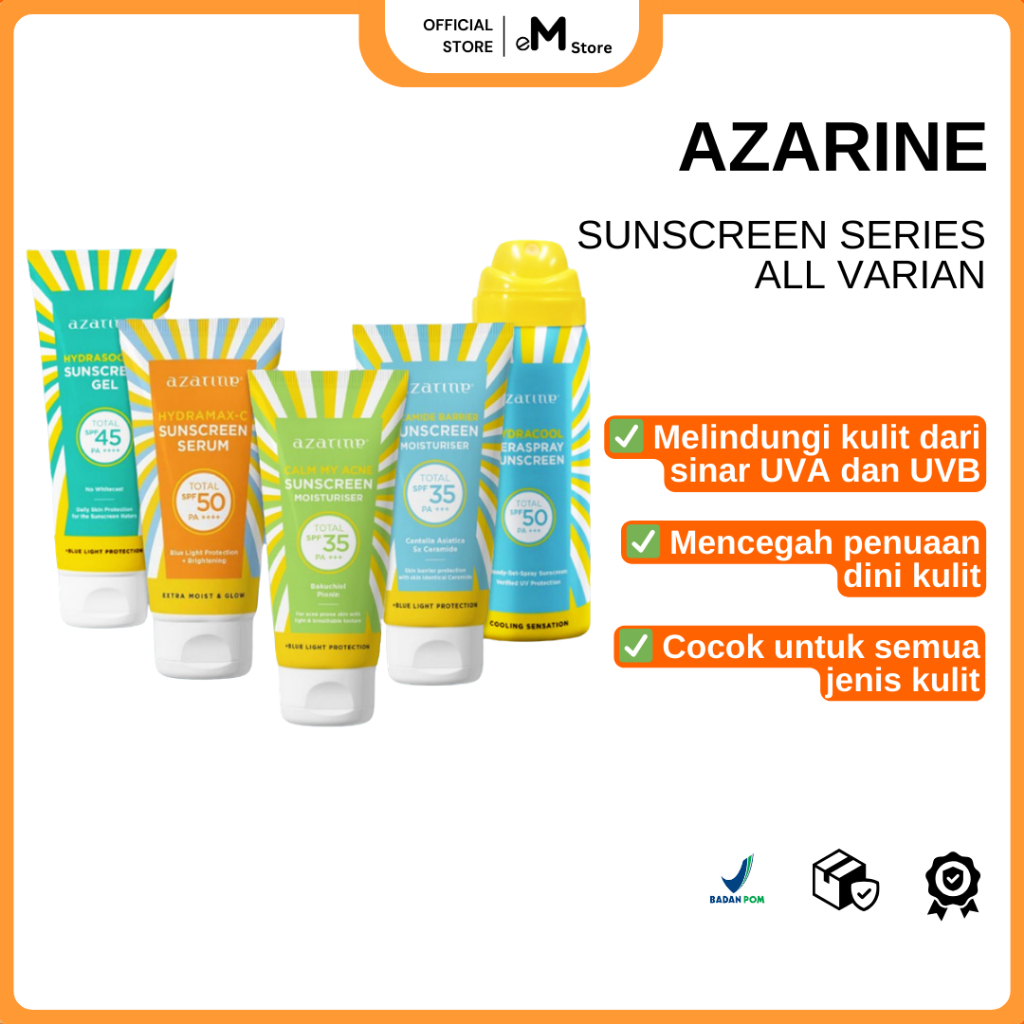 AZARINE - SUNSCREN Series 40ml | BPOM | SS Gel SPF 45 | Hydramax C SPF 50 PA+| Cicamide | Calm My