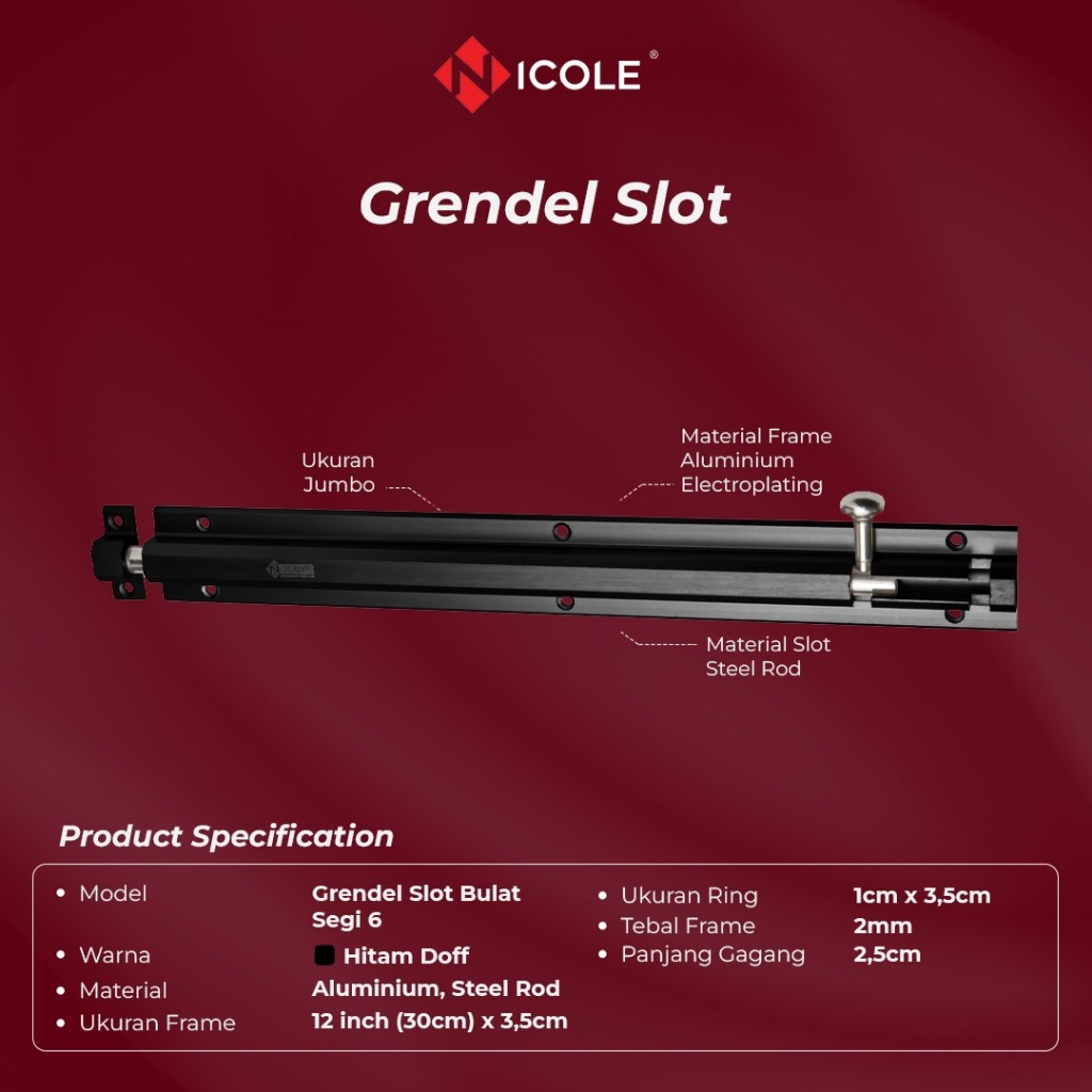 Nicole Grendel Slot Pintu Bulat Segi 6 / Hexagon Door Bolt Black/ 12 Inch