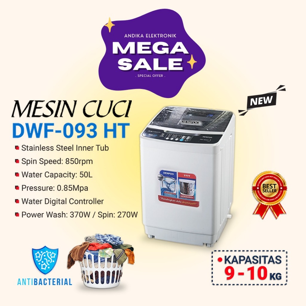 Mesin Cuci Denpoo 1 Tabung DW 093 Stainless Tub 9Kg