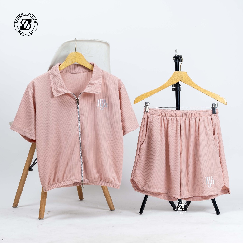 SS - WANNABE Knit One Set Wanita Crop Top Zipper & Short Pants Setelan Baju Olahraga Remaja Kekinian
