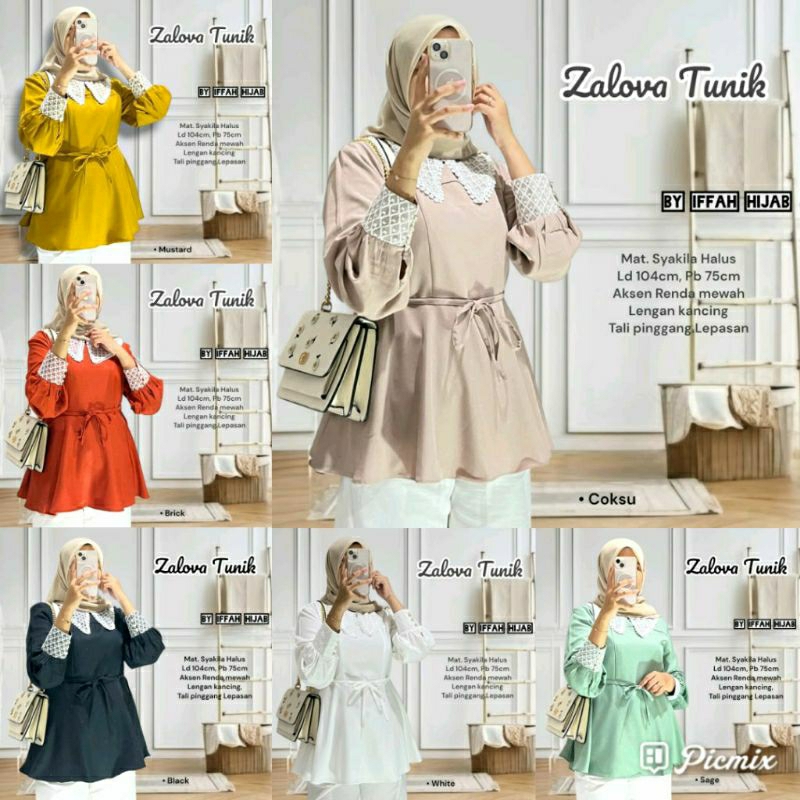 Zalova Tunik by Iffah Hijab/Tunik Wanita/Tunik Polos/Tunik Renda