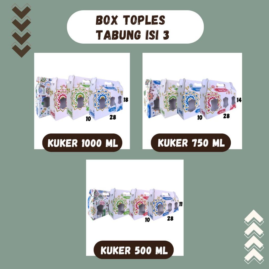 

Box Jinjing Kuker Jar Isi 3 28x10x18 / 28x10x14 / 28x10x11 Jar 1000ml/750ml/500ml Box Jinjing Kardus Lebaran Idul Fitri Hampers Polos/Motif/Box Ied Mubarak