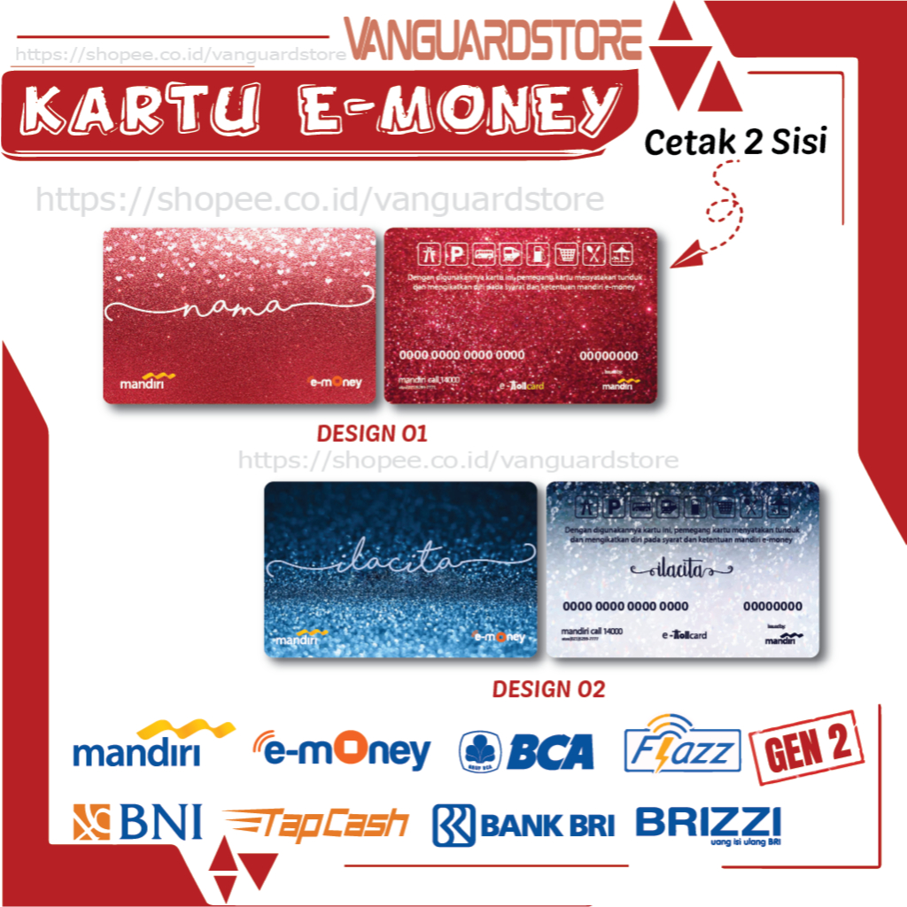 KARTU E MONEY E TOLL CUSTOM NAMA KUMPULAN GLITER MANDIRI FLAZZ BCA BNI TAPCASH BRIZZI BRI 2SISI