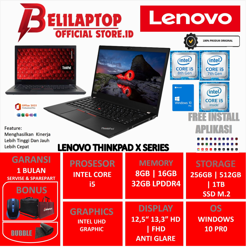 Laptop Murah lenovo Thinkpad X270 X280 X390 Intel i5 Vpro Series 16GB SSD 512GB 12.5 Inch Windows 11