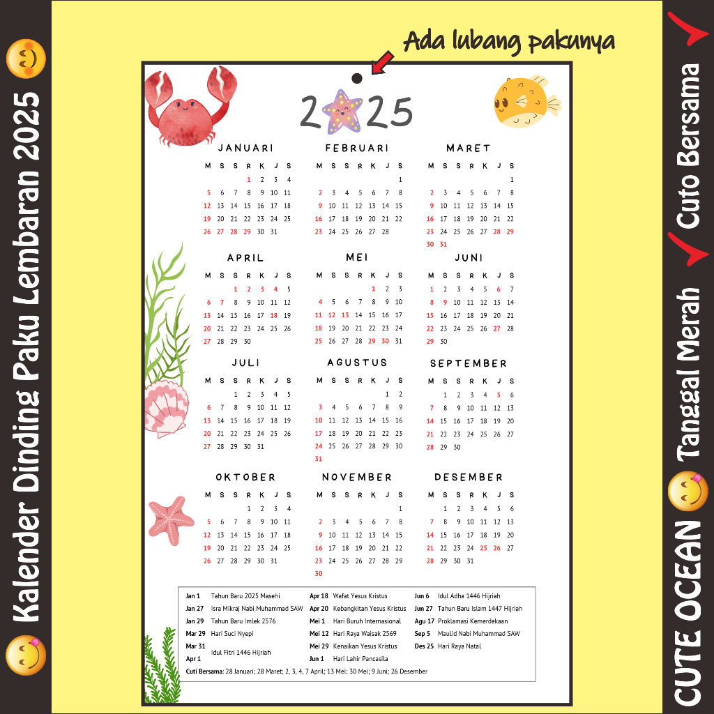 

[RUANG KREATIF] - CUTE OCEAN | Kalender Dinding Paku - Kalender Dinding - Kalender Paku - Kalender Cantelan - Kalender Aesthetic - Kaleder Cute - Kalender Selembar | Tema Cute Ocean - Laut Lucu | Ukuran A4 (Besar) - A4 (Kecil)