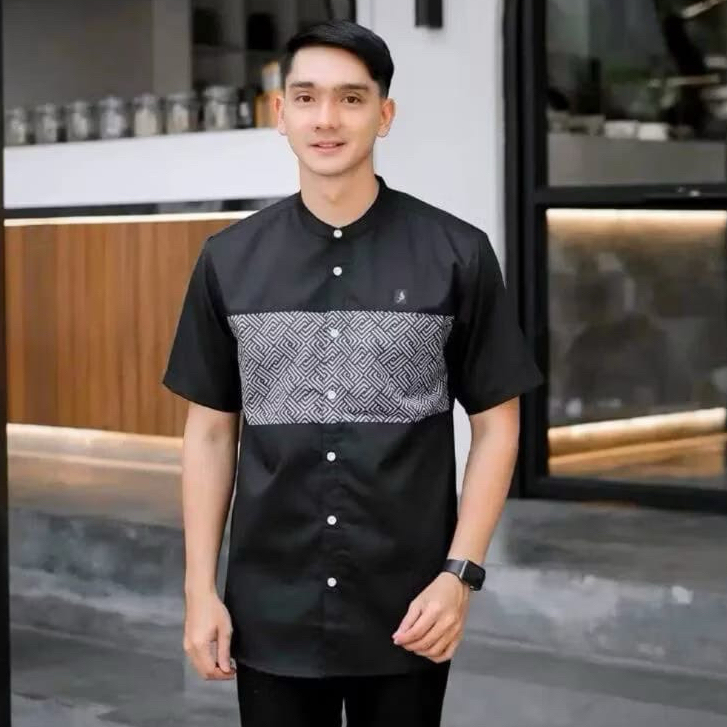 EDG - Baju Koko Kurta Model Kautsar Muslim Pria Dewasa Bahan Katun Warna Hitam Putih Size M - XXL