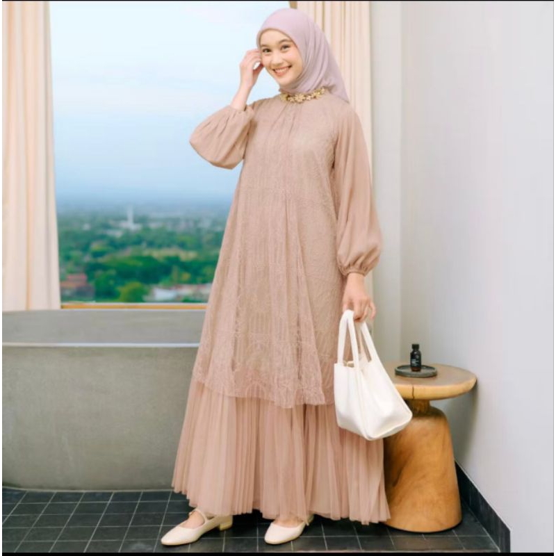 Gamis Brokat Tulle Elegan Muslimah Kekinian | Dress Kondangan Wanita Modern Premium| Baju Lebaran Te