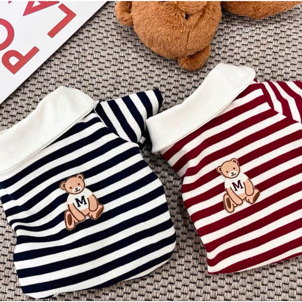 (Kuuki Pet Shop) - Baju Kemeja Katun Kucing Anjing Garis-Garis Hitam/ Merah Bordir