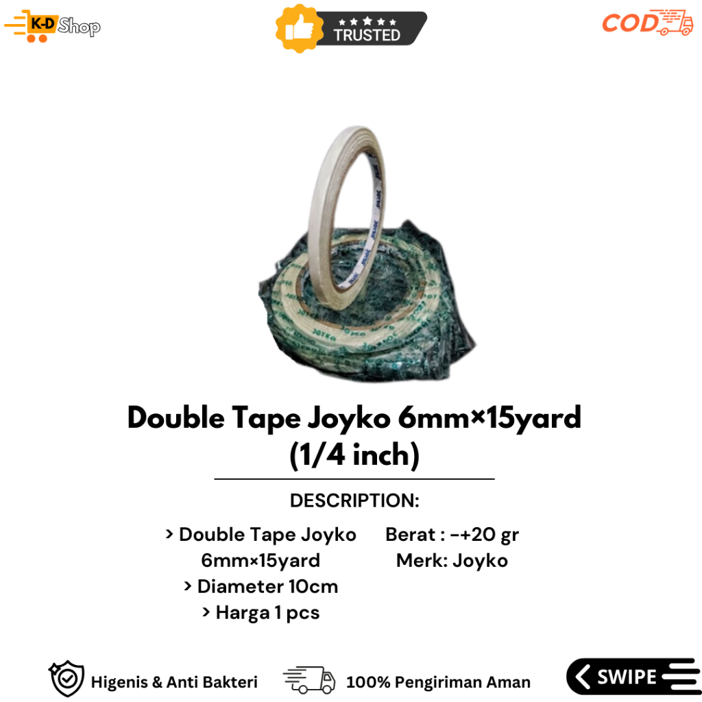 

Double Tape Joyko 6mm×15yard(1/4 inch)/Perekat Dua Sisi