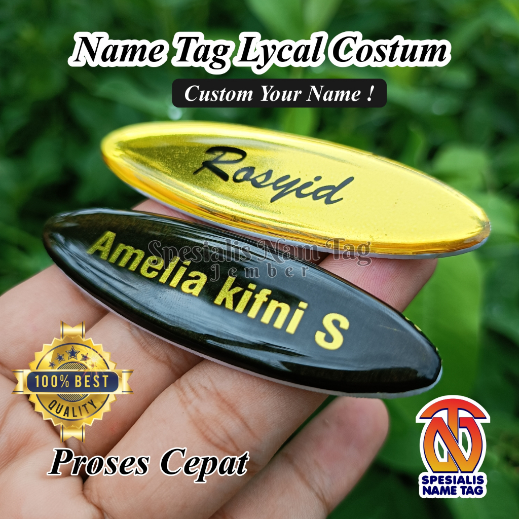 

Papan Nama Dada Name Tag Akrilik Oval Magnet DAN peniti Resin Glasa
