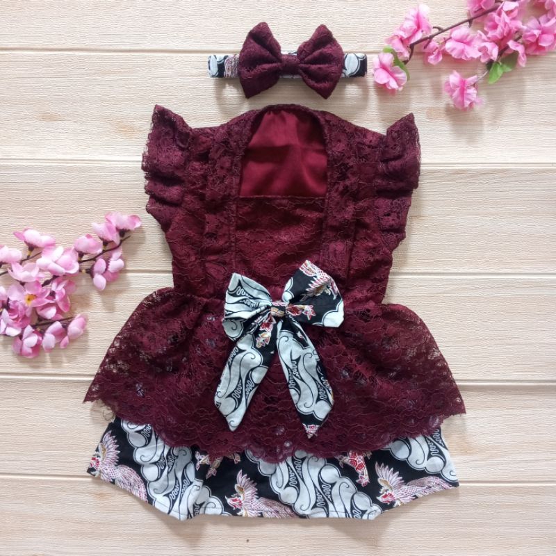 Kebaya Kutu Baru Burgundy Anak Bayi Perempuan 1 Tahun Encim Bali Brukat Batik Free Bando