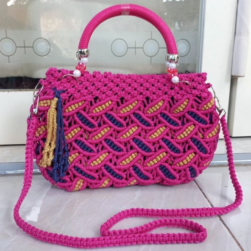 Tas Selempang Rajut TaliKur Daun Mutiara / Tas Talikur Motif Daun panjang / Tas Talikur  Wanita