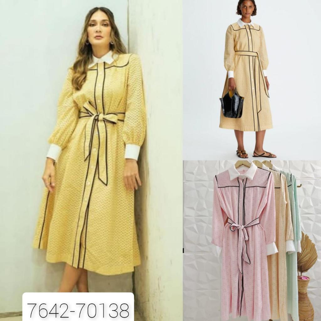 Atheena Collection - Drees Wanita Casual Brukat Lengan Panjang Lis Hitam Belt Motif Bunga