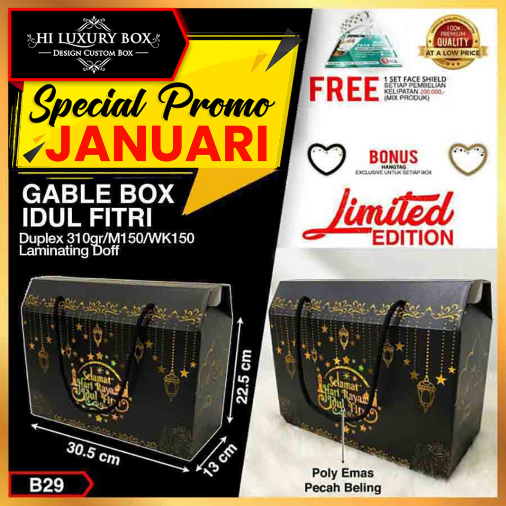 

KOTAK LEBARAN|IDUL FITRI|GABLE|KUE|KADO|BOX|PACKAGING|30.5X13X23|B29