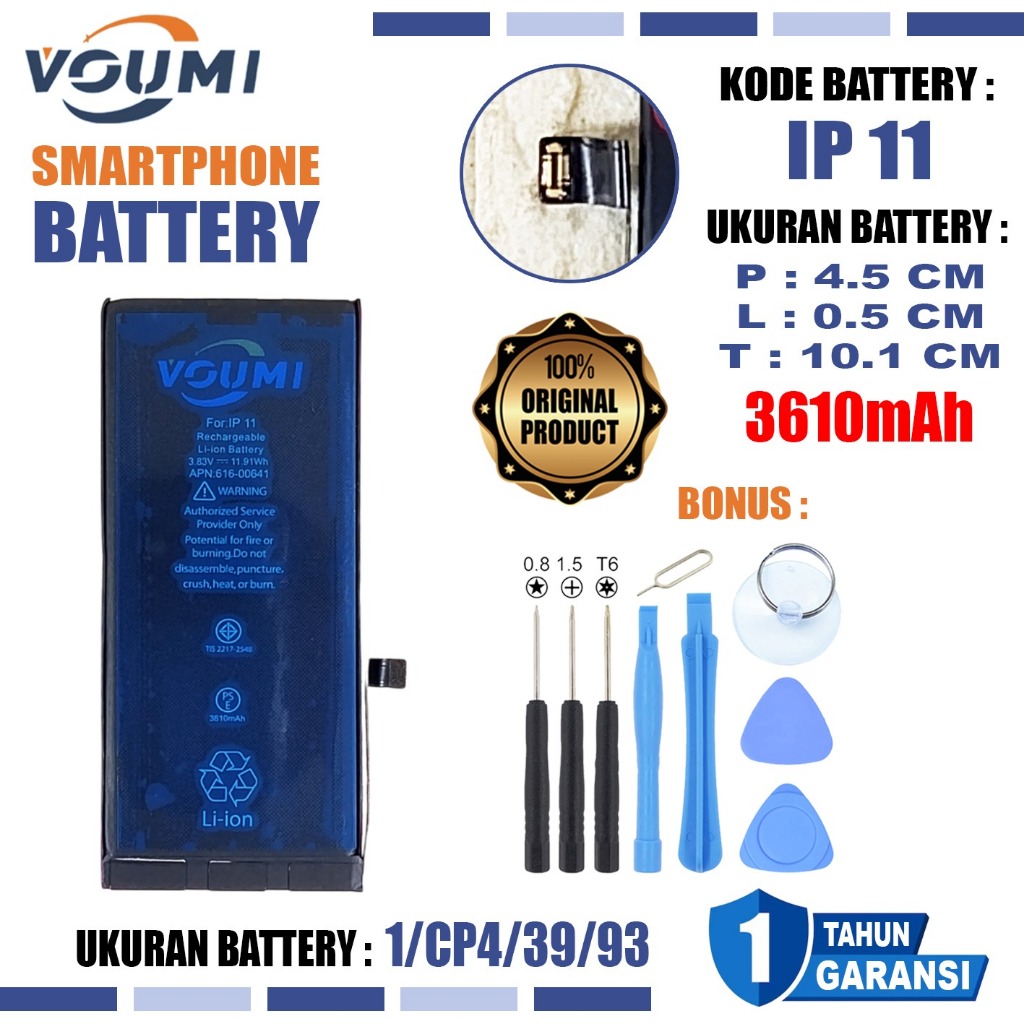 VOUMI - Iphone 11 A2221 A2111 A2223 Baterai Double IC Power high Capacity Battery 616-00641