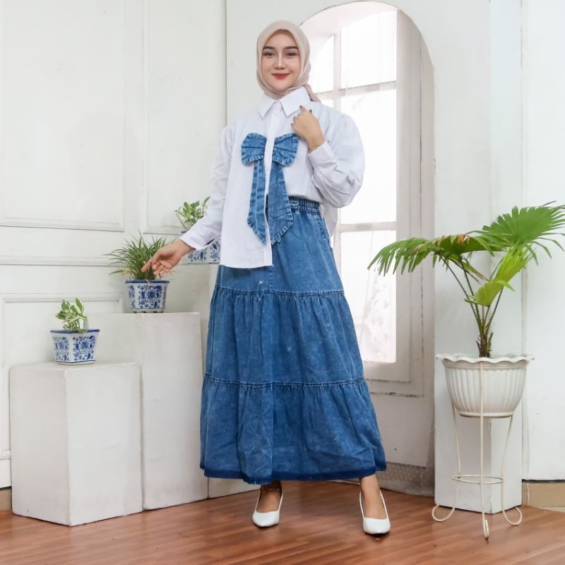 SETELAN KEMEJA ATASAN BUFFY PITA ROK JEANS // OOTD ONESET BUFFY PITA ROK JEANS TERBARU