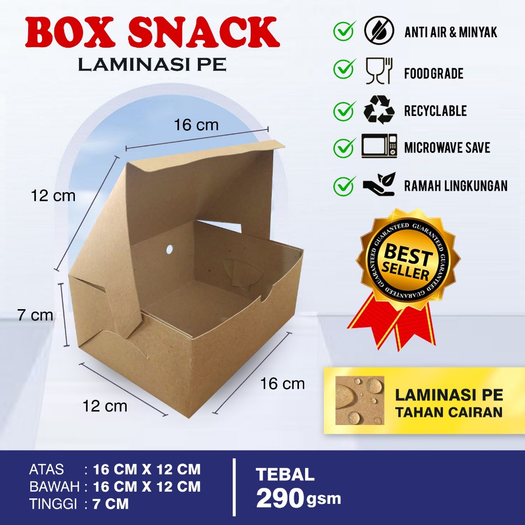 

50 pcs box snack 12x16x7 cm,kotak makanan,laminasi PE,kraf 290,tebal,kuat,tidak mudah rusak,praktis,ekonomis,higienis dan murahh