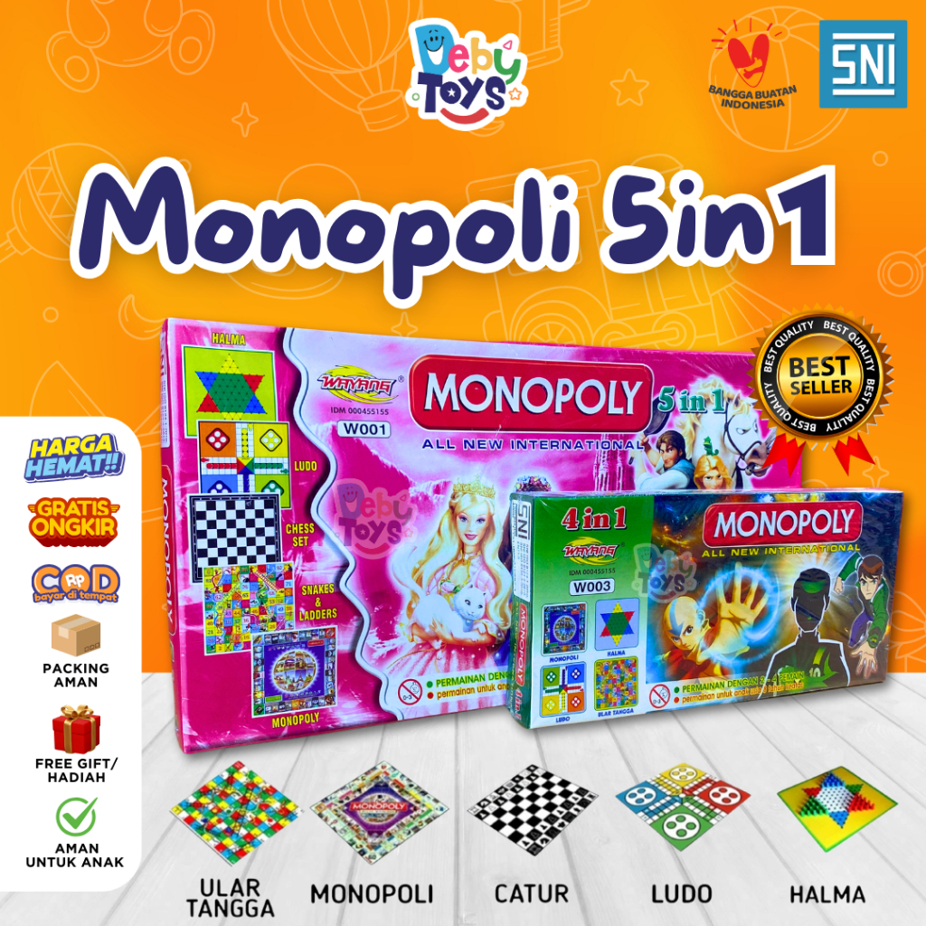 Mainan Monopoli 5in1 Game Board Monopoly Permainan Anak Ular Tangga Internasional Mancanegara