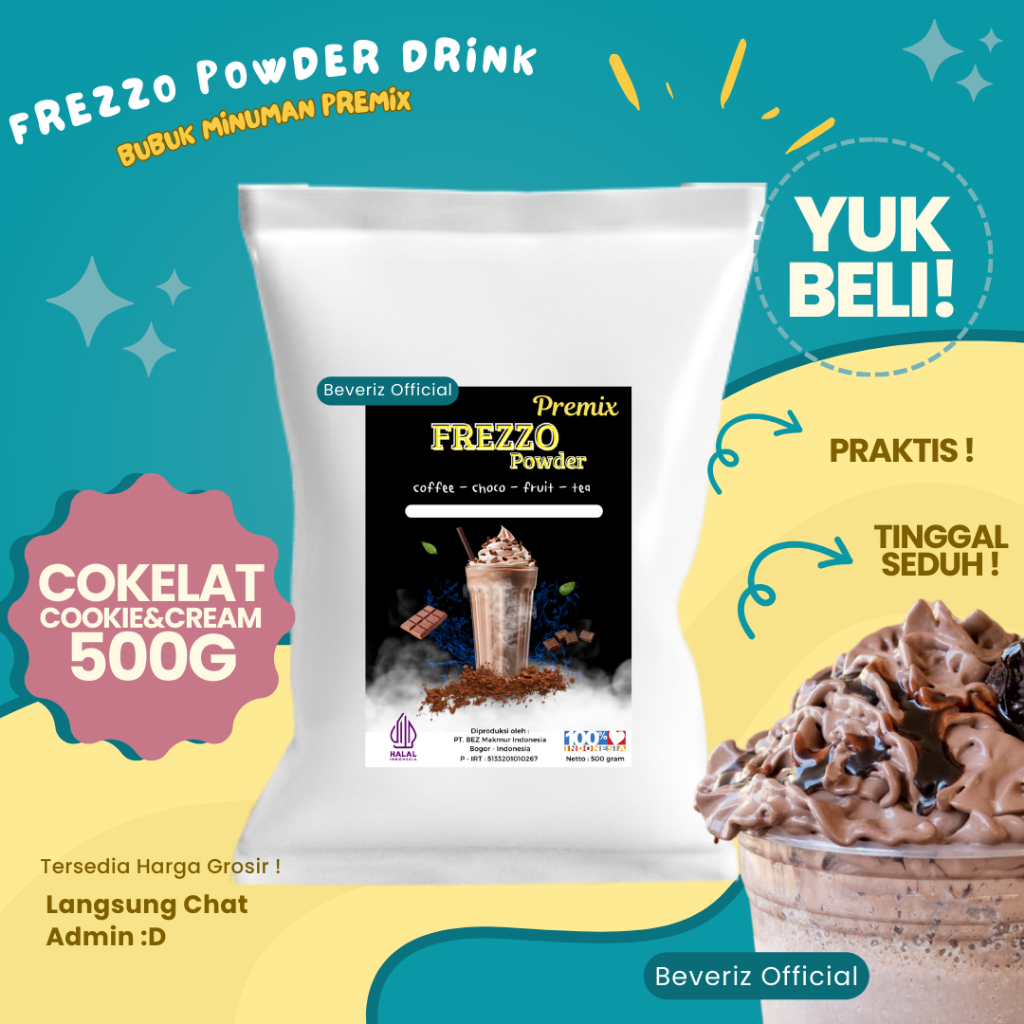 

BEVERIZ Frezzo Bubuk Minuman Rasa Coklat Cookie & Cream | Choco Cookie Boba Powder Drink 500gram {Bisa COD} {tersedia harga grosir}