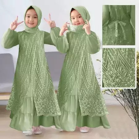 Gamis Brokat Anak Perempuan Olivia Kids Maxy BO Bahan Kain Satin Velvet Mix Tile Mutiara Size S M L 