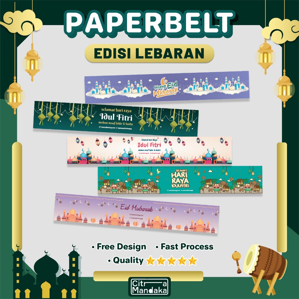

Paper Belt Idul Fitri Custom Free Design | Label Hampers | Packaging Sleeve | Paper Sleeve | Label Segel Box