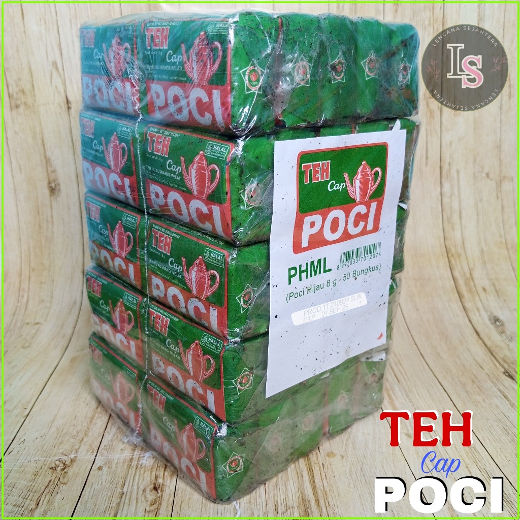 

AKEH Teh Cap Poci Kemasan Hijau 1 Pack Isi 50 Bungkus Berat Per Bungkus 8 Gram Asli Wangi Melati