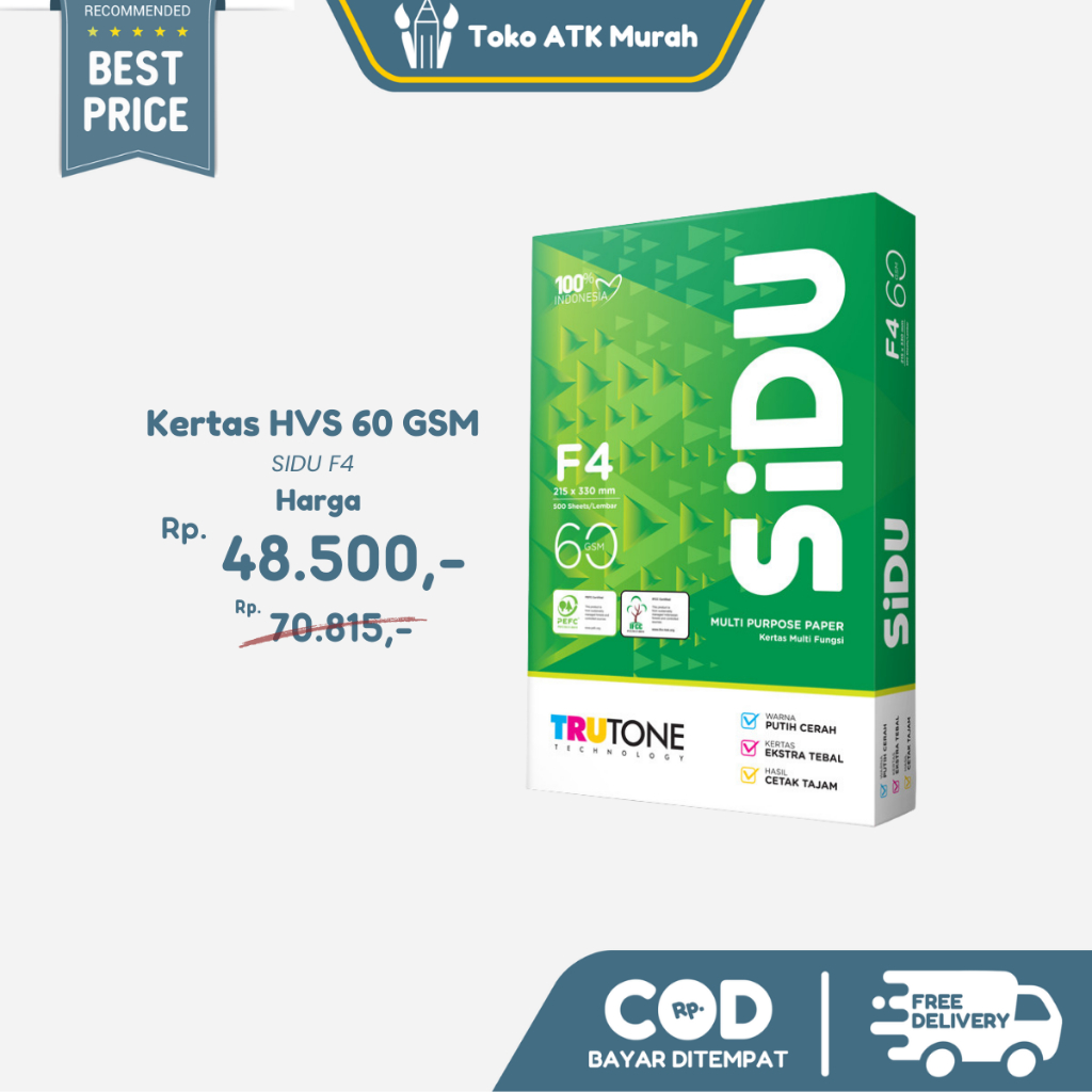 

Kertas HVS Sidu F4 60 Gram Sinar Dunia ( 1 Rim 500 Lembar ) Cocok untuk Print & Fotokopi