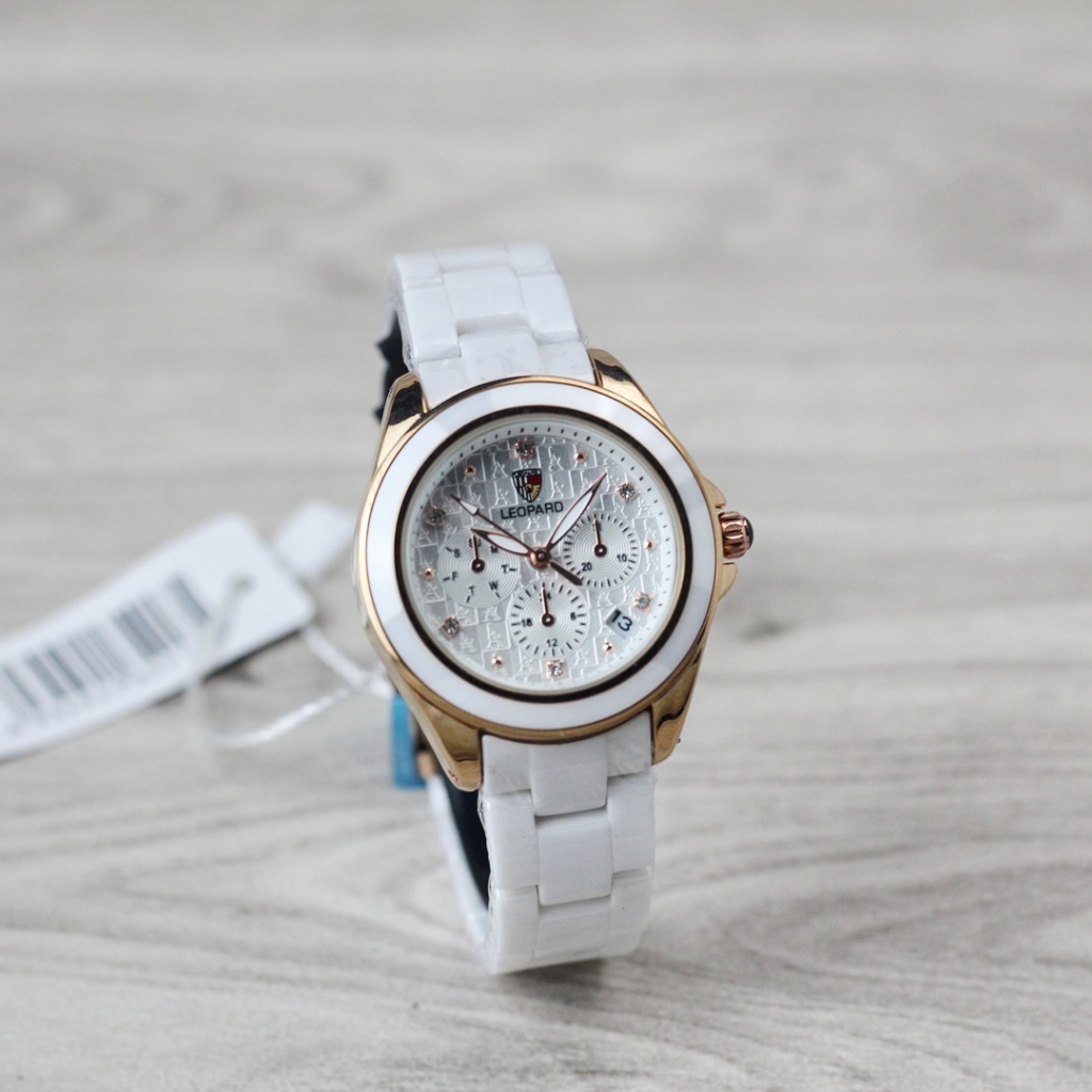 Jam tangan Wanita Leopard 6238 tali keramik chrono off tanggal aktif analog original