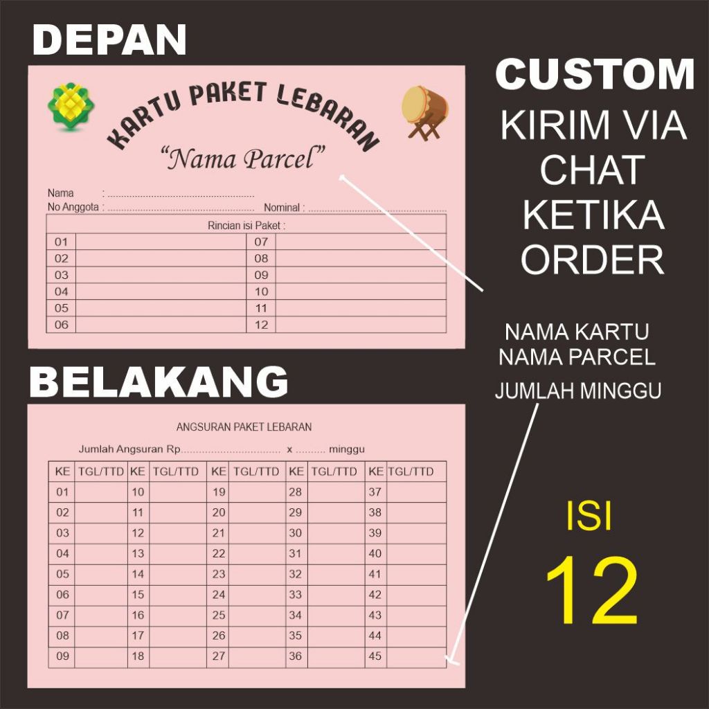 KARTU PAKET LEBARAN isi 12 pcs KARTU IURAN PAKETAN LEBARAN / KARTU ANGSURAN PAKET