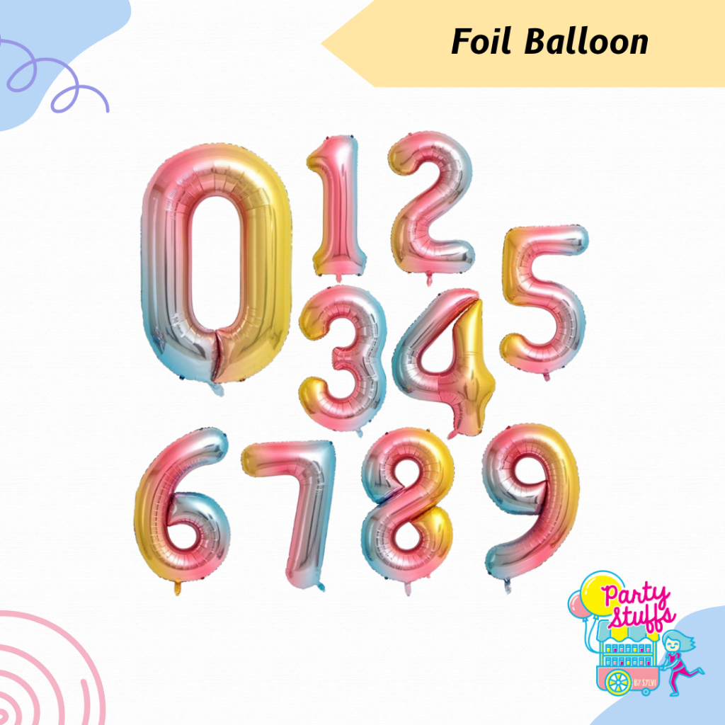 Balon foil Angka Rainbow / Foil angka rainbow medium / Foil angka rainbow ukuran standard