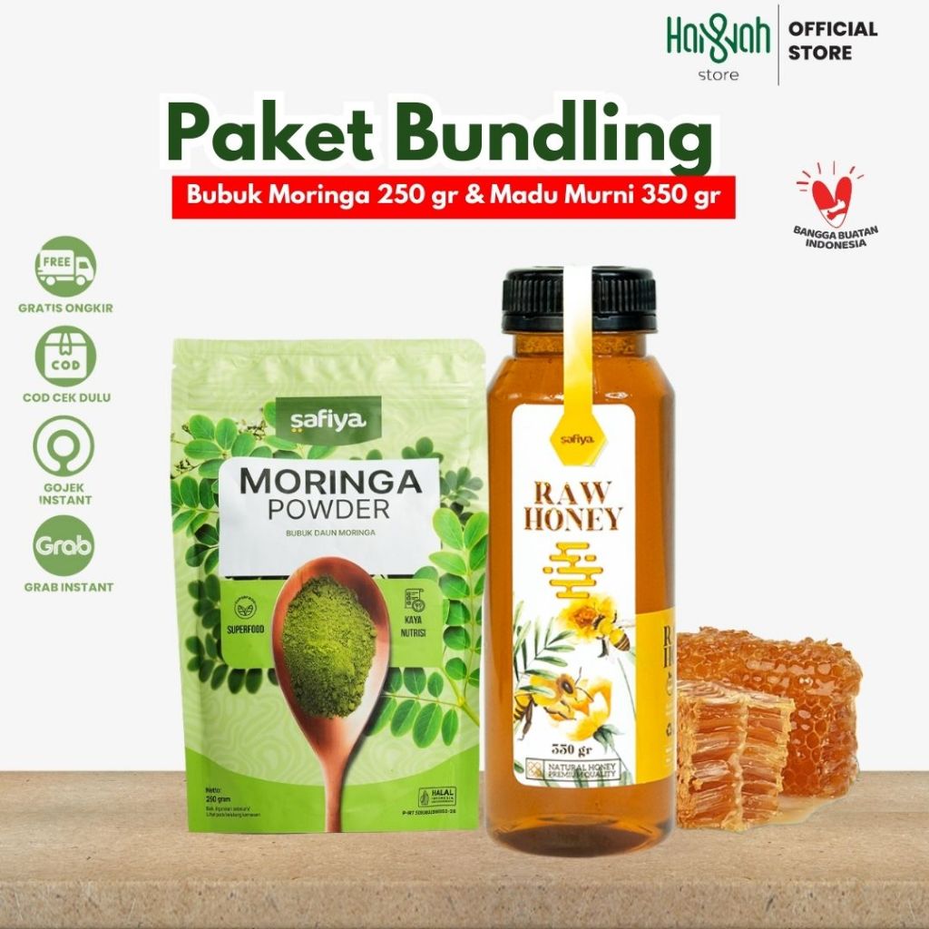 

[Paket 2 In 1 Booster] Bubuk Moringa 250 gr Safiya + Madu Murni 350 gr Daun Kelor Booster Asi Herbal