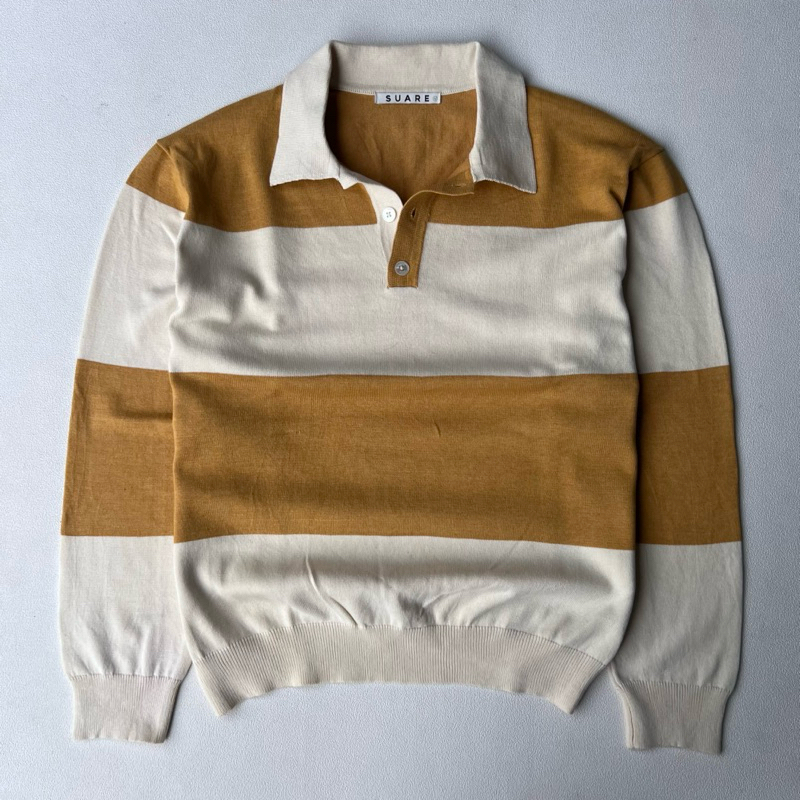 Sweater Rajut Polo Salur Cream Mustard by SUARE