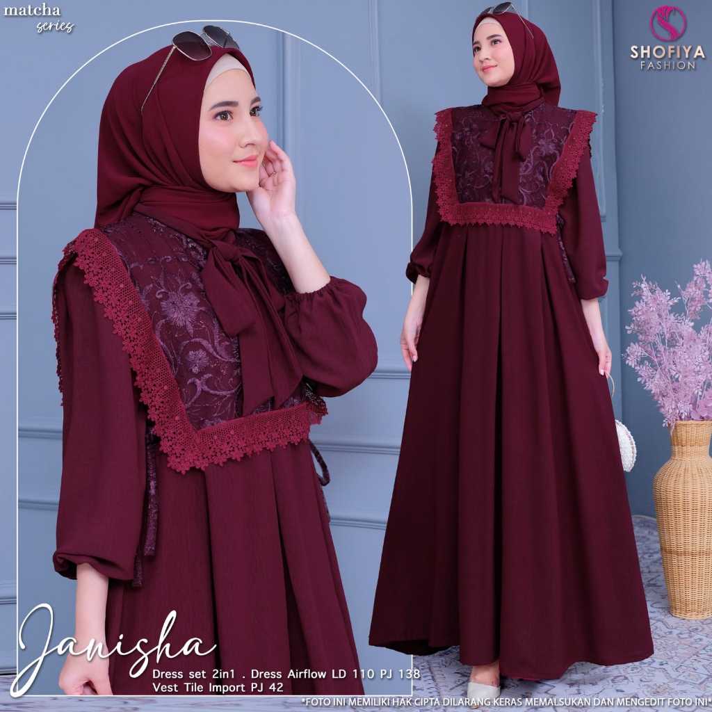 Janisha Gamis Pesta 2 in 1 Set Inner dan Outer Brukat Kondangan Model Terbaru Dress Mewah Lebaran