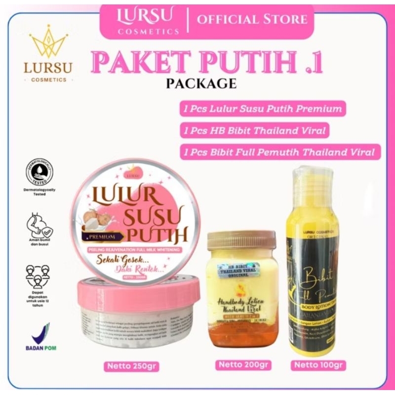 Paket Pemutih Ampuh 3 pcs ( Lulur susu putih premium , Hb bibit thailand , Bibit full pemutih thaila