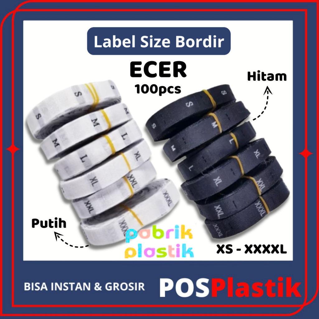 ECER (100pcs) Label Size Bordir Huruf XS-XXXXL Warna PUTIH HITAM untuk Tag Ukuran Baju, Pakaian, Kon