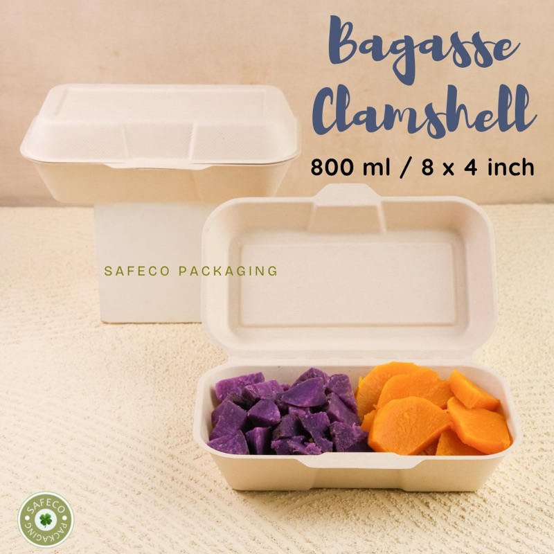 Bagasse Clamshell 800 ML Food Lunch Box 8 x 4 inch Packaging Kotak Makan Kemasan Makanan Eco Friendl