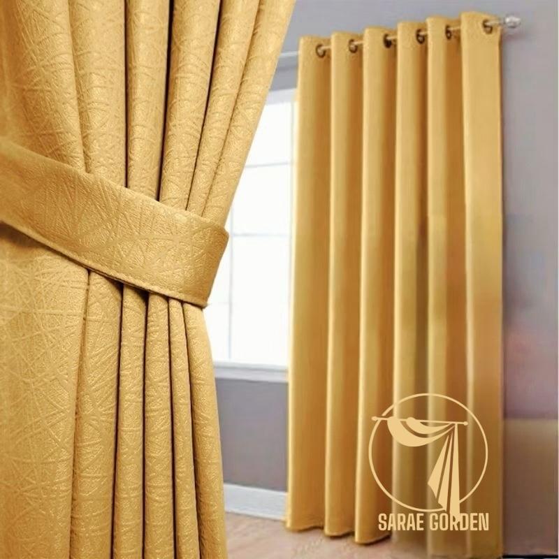Gorden Polos Tebal Bahan Blackout Warna Gold Semokring 12 Gelembung Doff Serat Abstrak