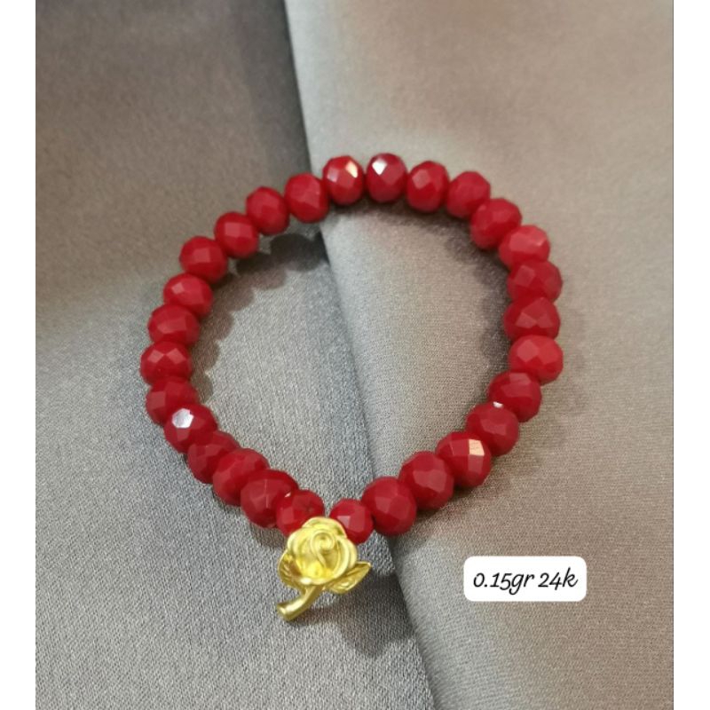 Gelang Emas Asli Charm Tangkai Bunga 24K Hongkong 999% Karet Batu Crystal