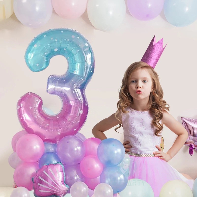 Balon foil angka jumbo ukuran 80cm warna pelangi gradien gradasi pink biru baby pink blue 80 cm 32in
