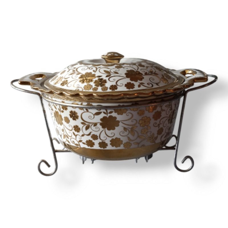 FIORI PRASMANAN SET KLASIK PERSEGI KERAMIK TAHAN PANAS WARMER WADAH MAKANAN TETAP HANGAT RANGKA BESI