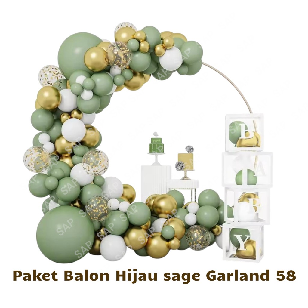 Paket Balon HIJAU SAGE GARLAND 58 / Dekorasi Ulang Tahun Hijau Sage
