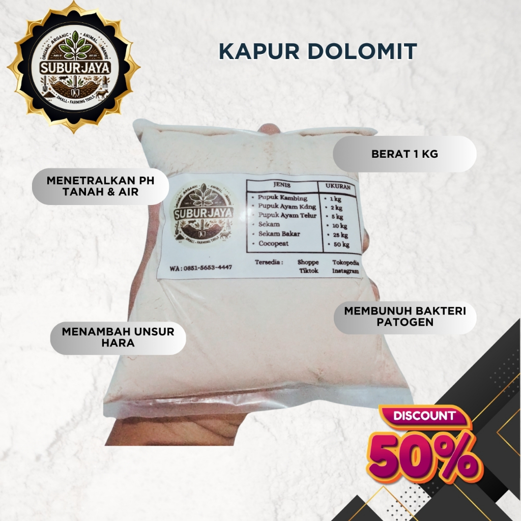 Pupuk Kapur Dolomit 1 Kg – Kalsium & Magnesium Premium untuk Tanaman, Ternak, dan Perikanan