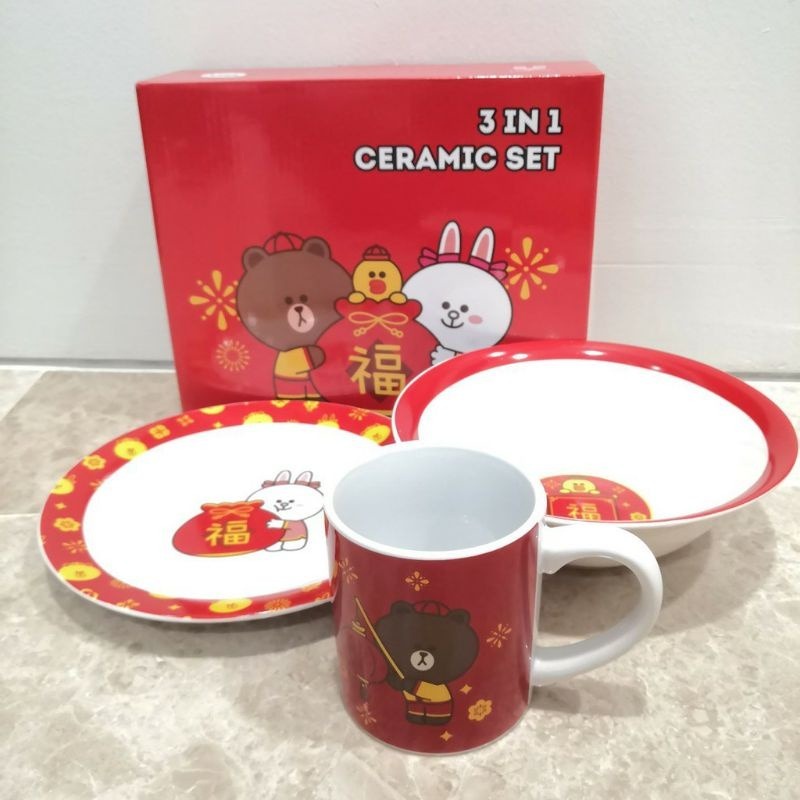 3 in 1 ceramic set line friends alat makan mangkok piring gelas chinese lunar year