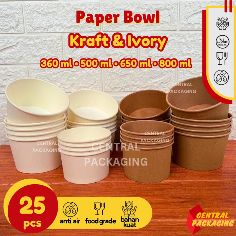 Paper bowl Ivory Kraft + Tutup 360 500 650 800 ml / Paper Bowl Putih Coklat / Mangkok Kertas / Bowl 
