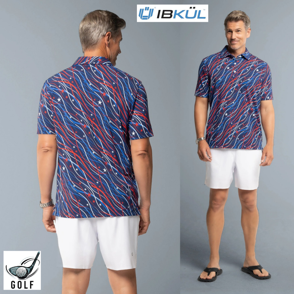 Atasan pria polo golf print Patriot Confetti original kaos polo golf print pria