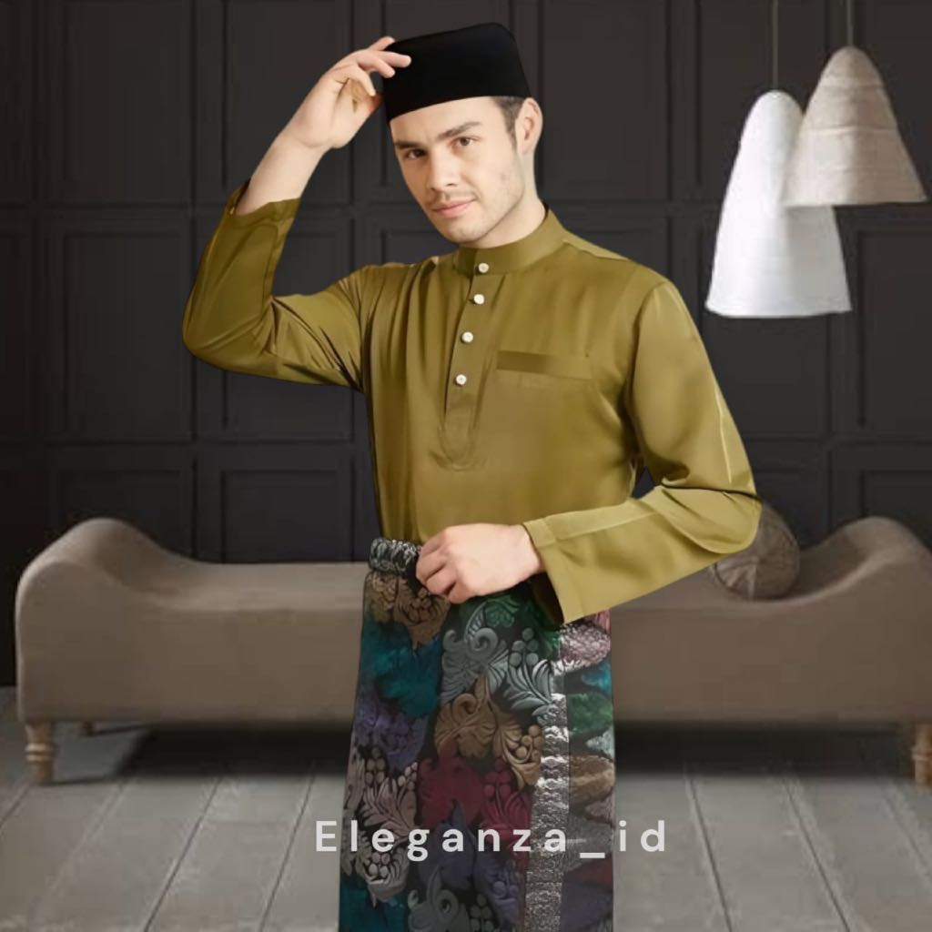 Setelan Baju Melayu Pria Teluk Belanga Bahan Katun Toyobo Warna Olive Katun Satu Set Cekak Musang Pa