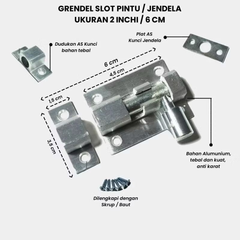 Grendel slot pintu size 2inch (6cm) slot kunci pintu atas/bawah