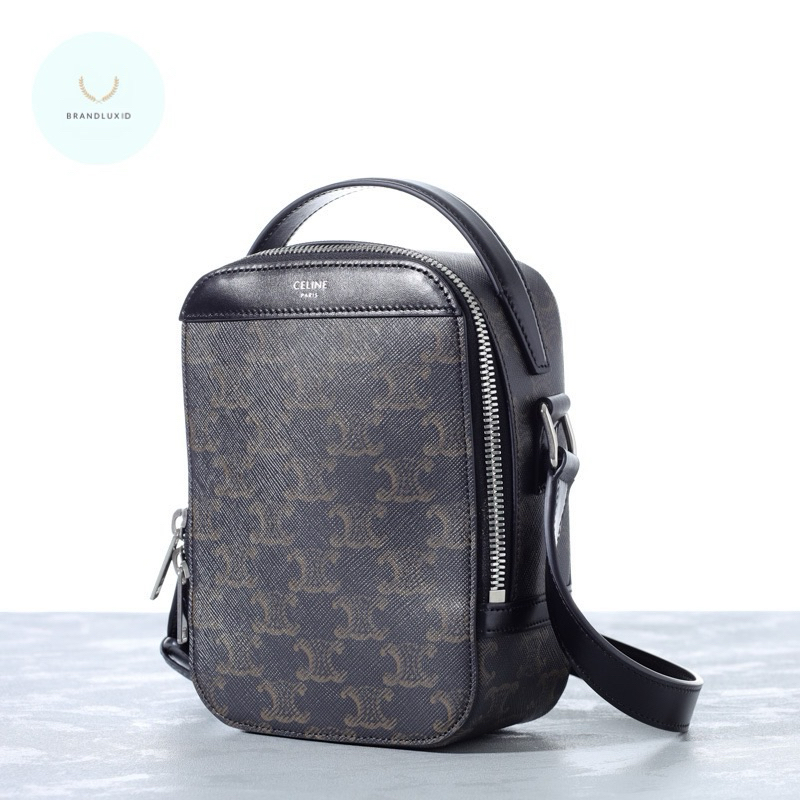 Celine Vertical Messenger Box Bag in Black Triomphe Canvas and Calfskin